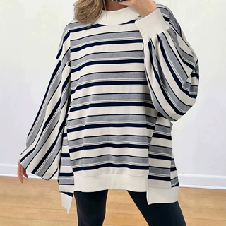 ebay跨境秋季新款半高领长袖卫衣女欧美慵懒风条纹oversize上衣女
