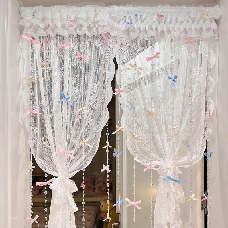 Ins Cute Bow Dreamy Bead Curtain Bay Window Living Room Bedroom Door Curtain Atmosphere Decoration DIY Curtain Transformation