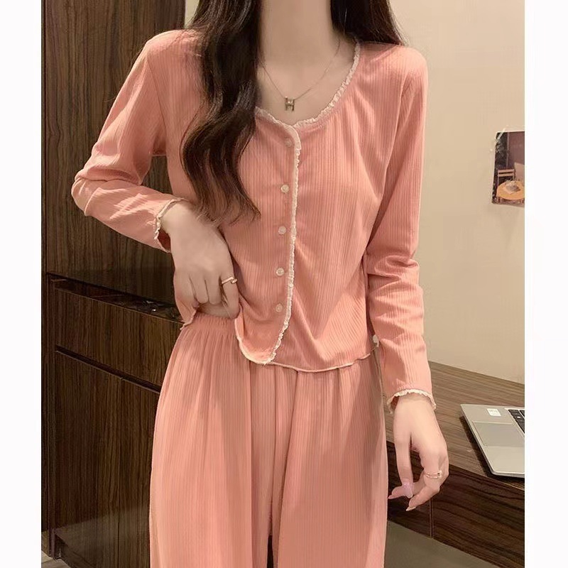 Simple Pajamas Spring and Autumn Korean Style Sweet Casual Cardigan with Breast Pads Long-Sleeved Girls Can Wear Outside Home Clothes Set