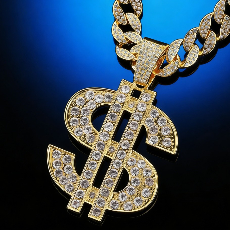 Collar de símbolos de dólar exagerado con diamantes llenos de dólar masculino y femenino moda colgante collar largo collar