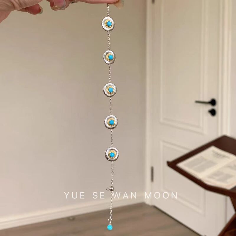 Suitable for Small Wrists ~ Whitening and Pullable Imitation Turquoise Brushed Daisy Silver Bracelet for Women, Non-Fading Bracelet Bracelet