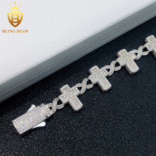 European and American Cross-border Hot Sale New S925 Silver Set Moissanite Cross Cuban Chain Necklace Bracelet