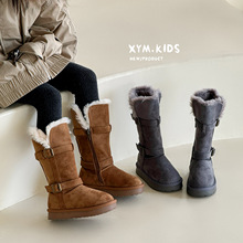 2025年冬季新款儿童时尚双皮扣加绒加厚女童雪地靴兔毛一体大长靴