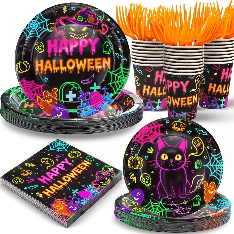 Cross-Border Fluorescent Halloween Disposable Tableware Set Paper Plates Paper Towels Forks Holiday Party Decoration Supplies Cross-Border Fluorescent Halloween Disposable Tableware Set Paper Plates Paper Towels Forks Holiday Party Decoration Supplies