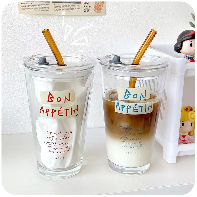 High-quality glass straw cup for women, summer water cup with large capacity, transparent with lid, Instagram-style cute coffee cup, new design