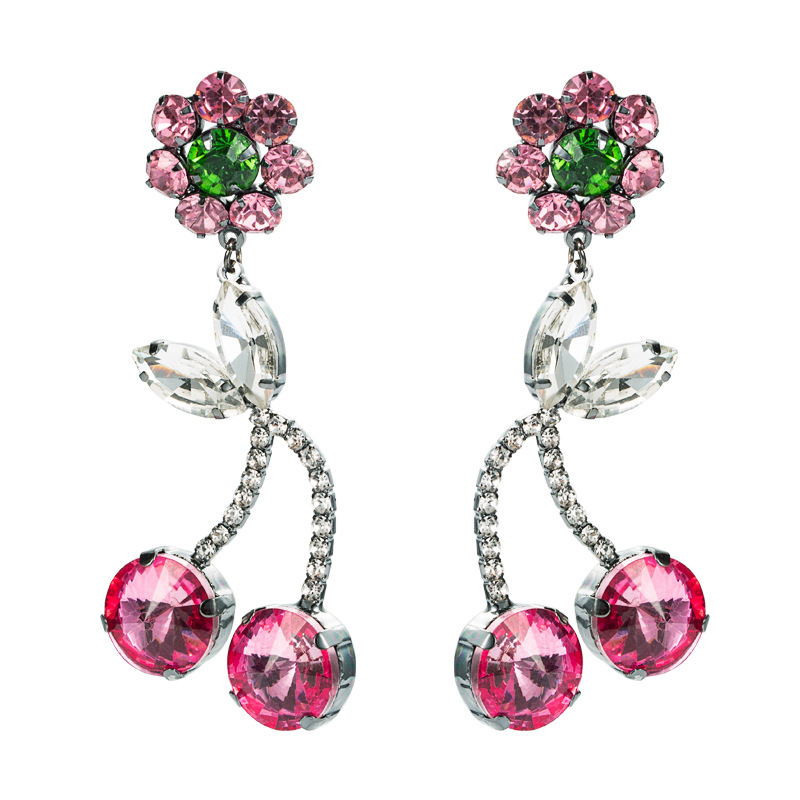 Korean Style Pink Cherry Flower Full Diamond Long Earrings display picture 6