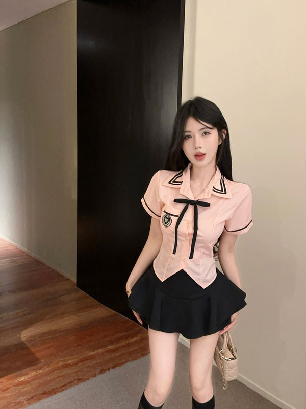 日本のカレッジスタイル JK 制服スーツ年齢軽減甘いウエストシャツハイウエストふわふわハーフケーキスカート 2 点セット|undefined