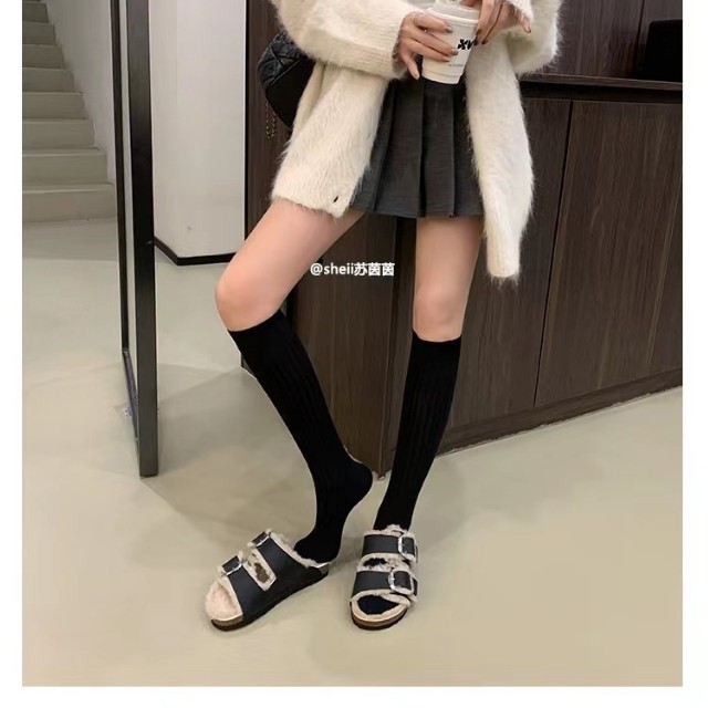 毛毛鞋女2025秋冬新款厚底一字双搭扣带外穿博肯鞋拖鞋棉鞋平底|undefined