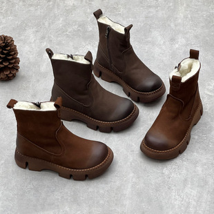 Vintage Handmade Pure Wool Leather Cotton Boots 24 Winter New Round Head Thick Warm Thick Bottom Fur One Women's Boots