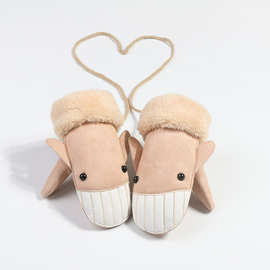 保暖舒适可爱卡通图案冬季创意提花儿童针织包套服饰手套带绳