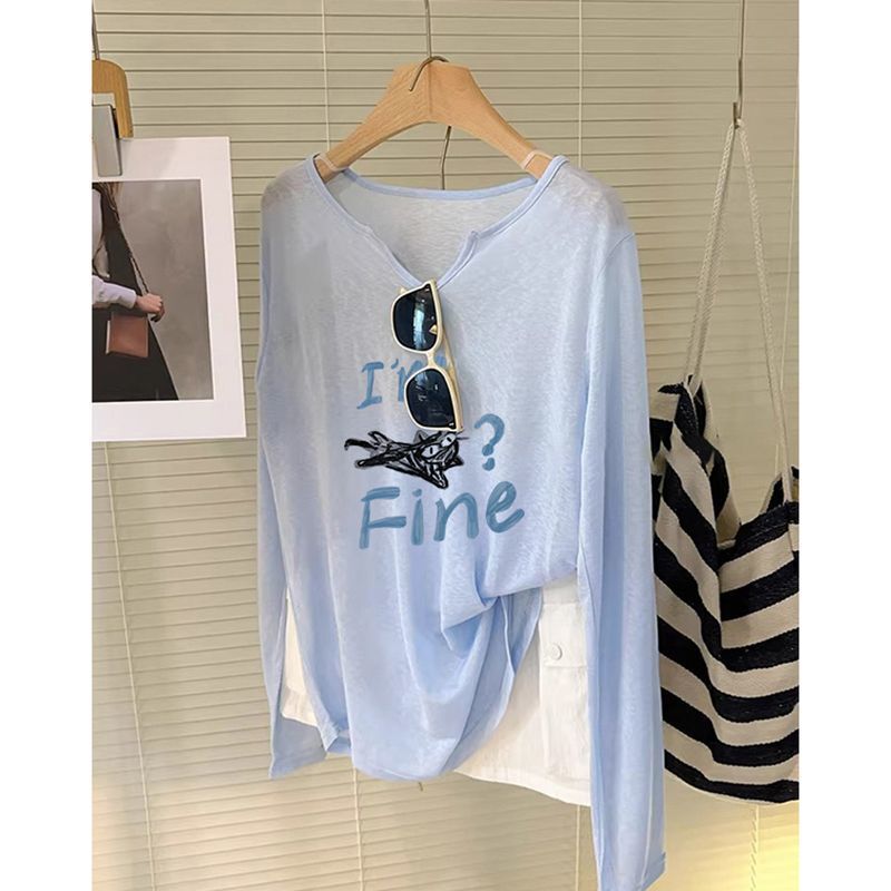 Blue V-Neck Snowflake Cotton Long-Sleeved T-Shirt for Women 2026 New Thin Style Lazy Early Autumn Loose Early Autumn Sun Protection Top