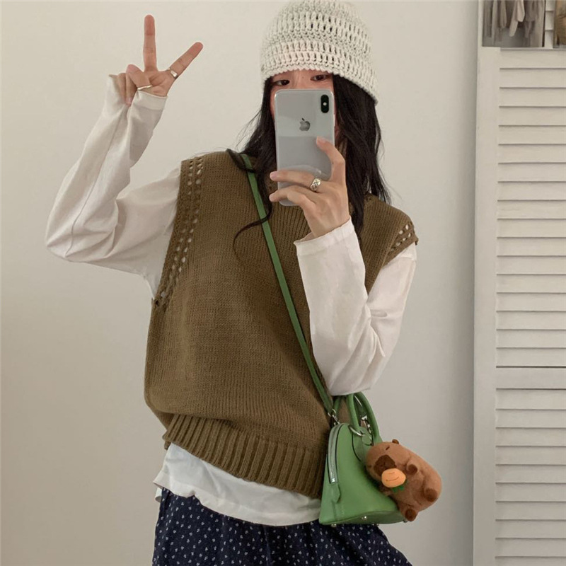 叠穿镂空针织衫毛衣马甲女2025春秋新款外搭圆领背心秋冬毛线马夹|undefined