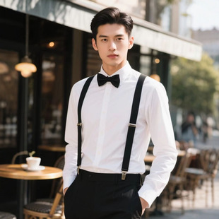 White shirt, suspenders, trousers, slim fit