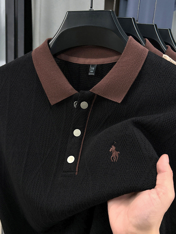 夏の新型ファッション襟付き男性ニット半袖poloシャツゆるいカジュアルジャカードtシャツ中年半袖上着|undefined