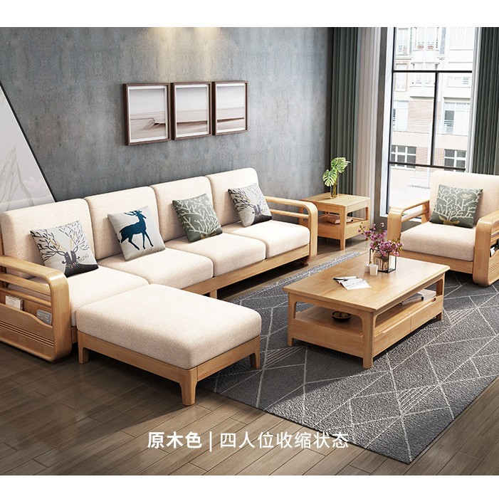 Sofá nórdico de madera maciza con tela para apartamentos grandes y pequeños, muebles de sala de estar para oficina, multifuncional con cama extraíble, tela de algodón y lino