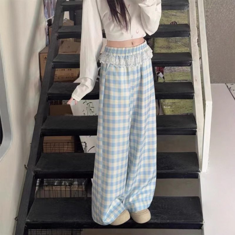 Blue Plaid Lace Straight Casual Pants Women's Spring and Autumn New Korean Style Laid-back Style Relaxation High Waist Wide-leg Pants