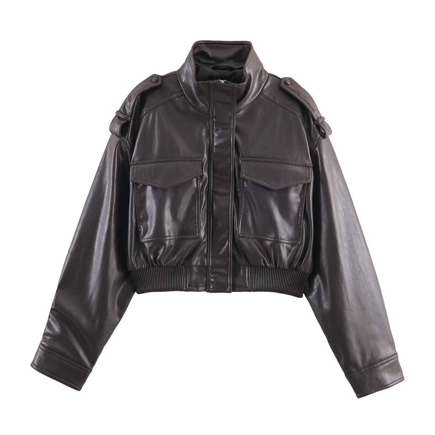 Long Sleeve Slim-fit Faux Leather Short Jacket