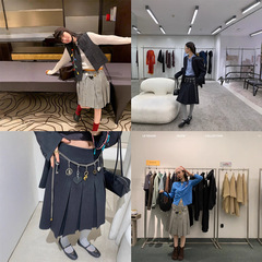 le rouge周美美 私服收藏经典简约深灰黑白格百褶中长半身裙腰链