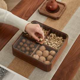 新款圆形玻璃盖干果盒家用零食糖果木盒坚果喜糖胡桃木分格盒可定