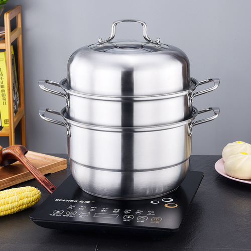 Stainless Steel Three-Layer Steamer Kitchen Daily Use Double Base Dual Rack Steamer Gift Set Home Kitchen Double Deck Steamer