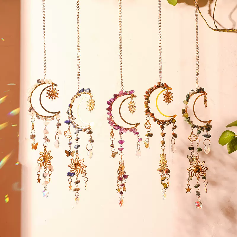 跨境太阳捕手挂饰手工缠绕水晶碎石月亮水晶风铃挂件风铃房间装饰