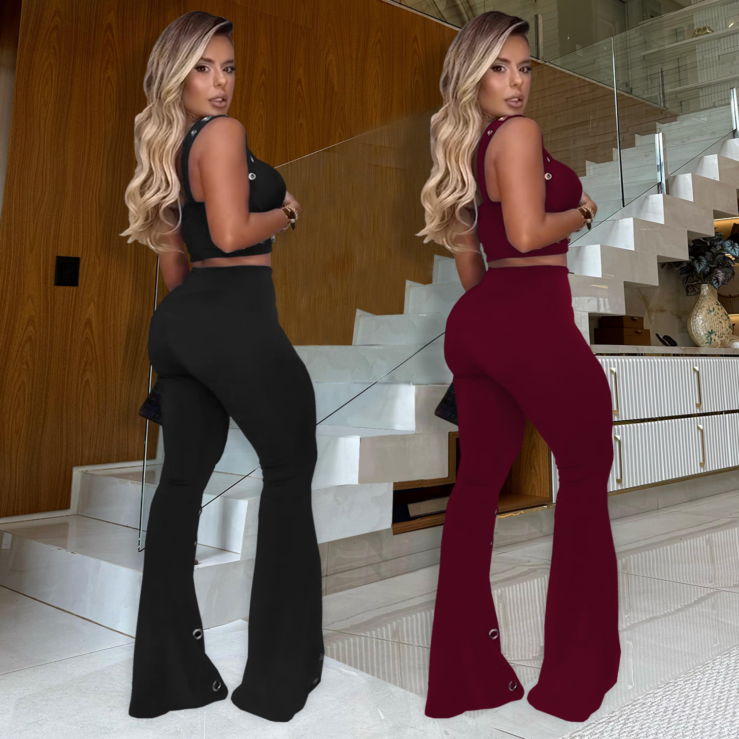 C7451 Cross-border AliExpress Amazon Moda europea y americana Ropa de mujer Temperamento Sexy Top Pantalones anchos Traje de dos piezas image 3