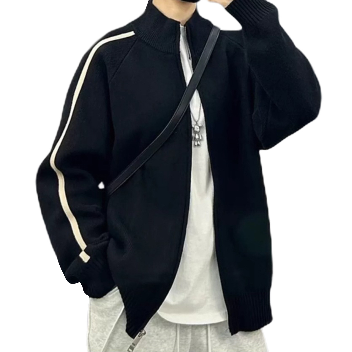 Explosiones transfronterizas de tamaño grande europeo a rayas cardigan suéter de punto chaqueta de hombre chaqueta de doble cremallera fábrica de marea al por mayor