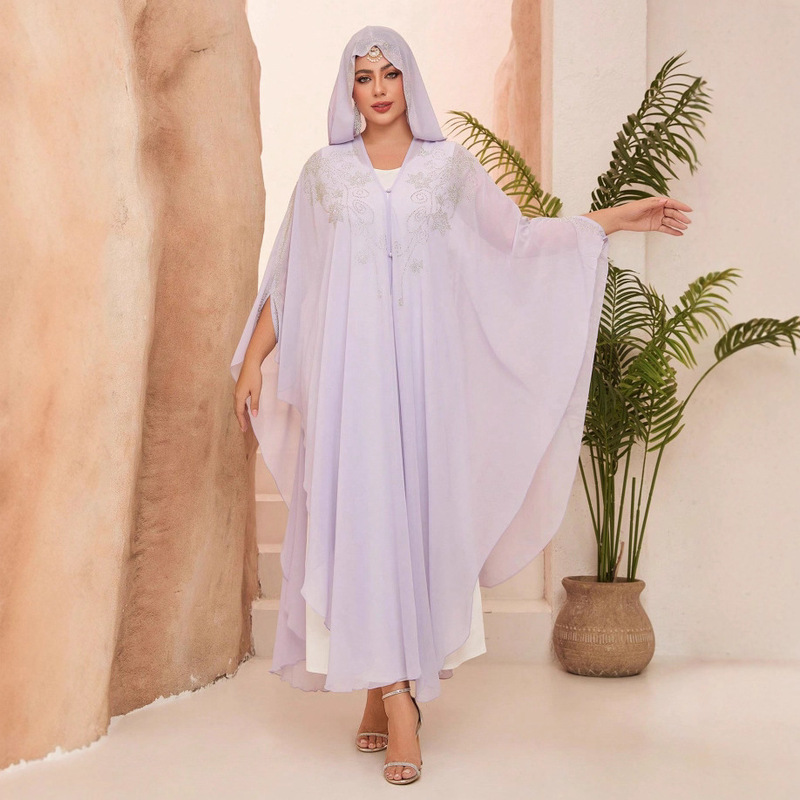 European and American Style Dress, New V-Neck Purple Hoodie with Rhinestones, Chiffon Long Robe (No Inner Lining)