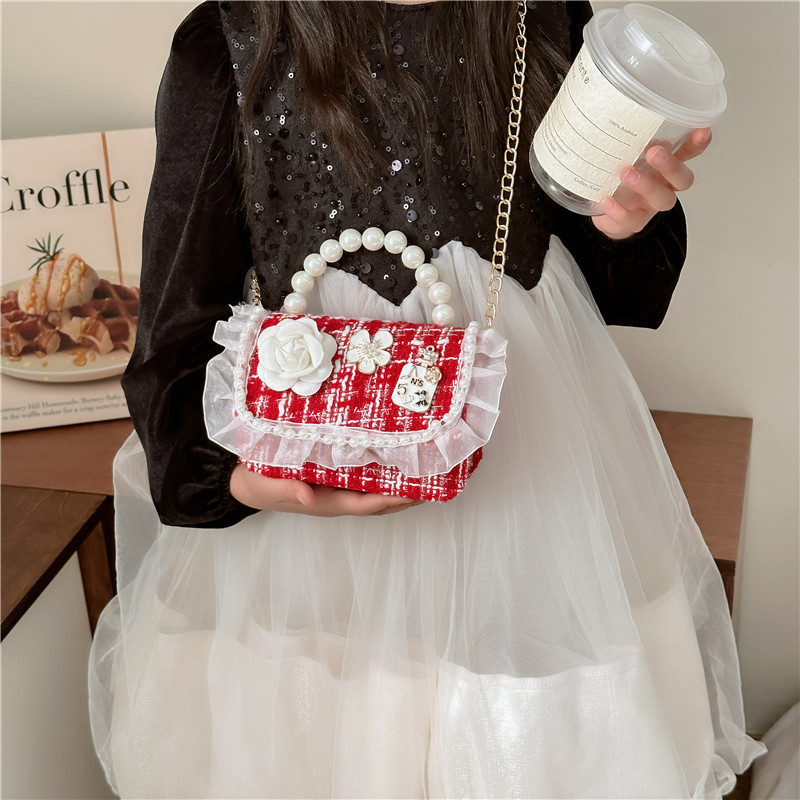 Bolsa de Año Nuevo, bolsas de Año Nuevo rojas de chicas, bolsas de accesorios de mano de perlas princesas