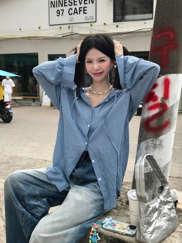 松弛感复古格纹连帽长袖衬衫女秋季2025新款外搭开衫衬衣宽松上衣|undefined