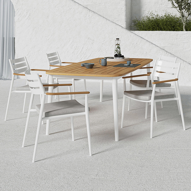 Mesas y sillas de ratán para exteriores, muebles de ocio impermeables y resistentes al sol para patio exterior, conjunto de mesa larga de teca para jardín o balcón de villa