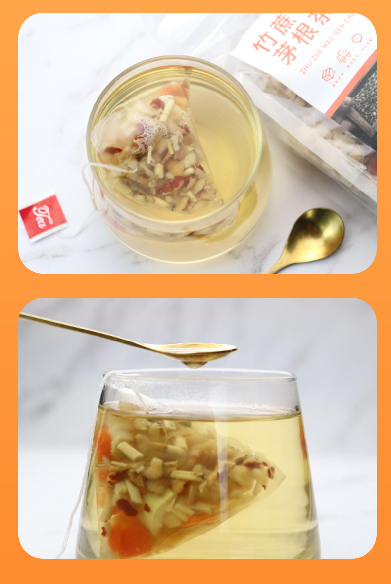 Zhu Zhe Mao Gen Tea 30 Pyramid Tea Bags Sugarcane Cogon Grass Root Pear Blend 240g in use