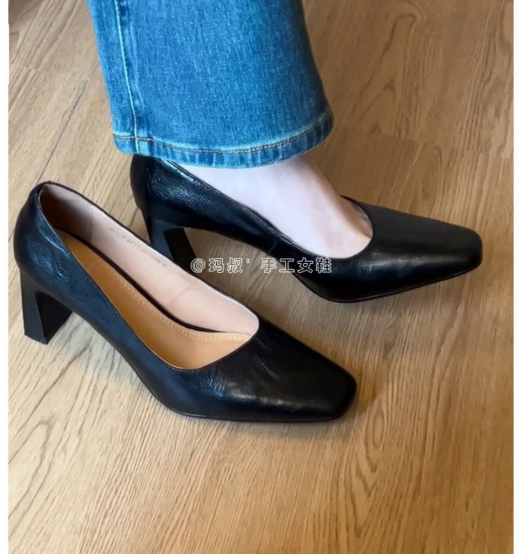 Giày cao gót nữ mũi vuông gót thô cổ thấp da cừu phong cách công sở thanh lịch, gót 6–8 cm — Hàng có sẵn màu đen chi tiết 26