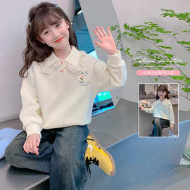 女童秋季卫衣2025新款花边童装女孩中大童翻领上衣批发新款套头衫
