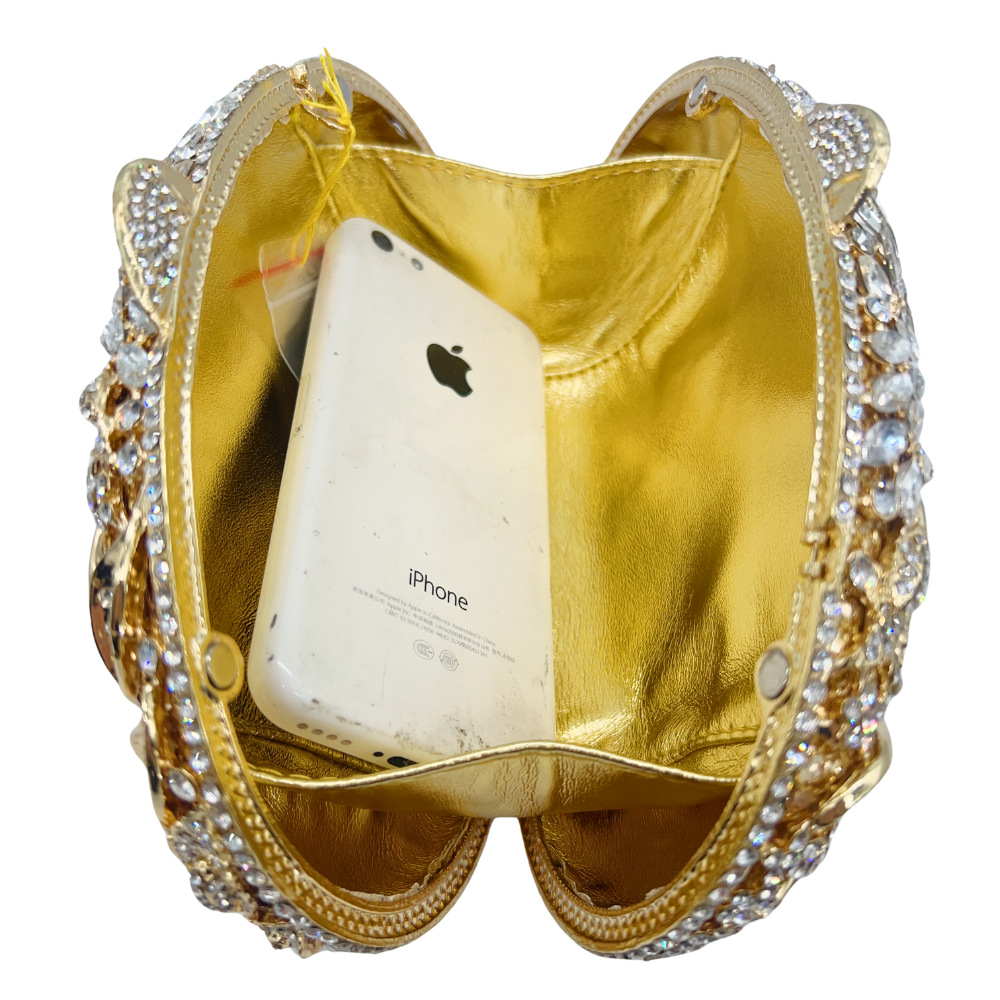 Túi clutch nữ đính kim cương hộp cứng kim loại rỗng — Kim cương trắng trên vàng, Kim cương vàng trên vàng, bạc, sâm panh