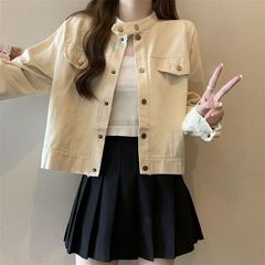 大码女装长袖立领咖色外套女秋季新款胖新品显瘦宽松短款复古夹克