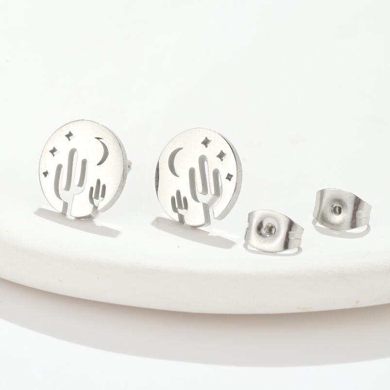 Simple Style Cactus Star Moon Stainless Steel Plating Hollow Out Ear Studs 1 Pair