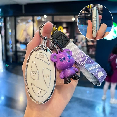 key case protective case – Car key bag - modern-o-model-smart-7-button-single-shell-white-purple-violent-bear-pendant