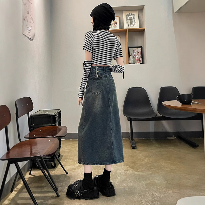 デニムスカート レディース スカート 2025 夏 薄手 ハイウエスト 痩身 セメントグレー スリット Aライン ヒップスカート ミドル丈|undefined