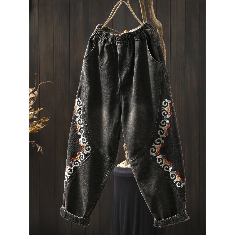 民族风复古重工刺绣牛仔裤女宽松显瘦百搭时尚洋气高腰哈伦裤长裤