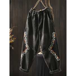 民族风复古重工刺绣牛仔裤女宽松显瘦百搭时尚洋气高腰哈伦裤长裤