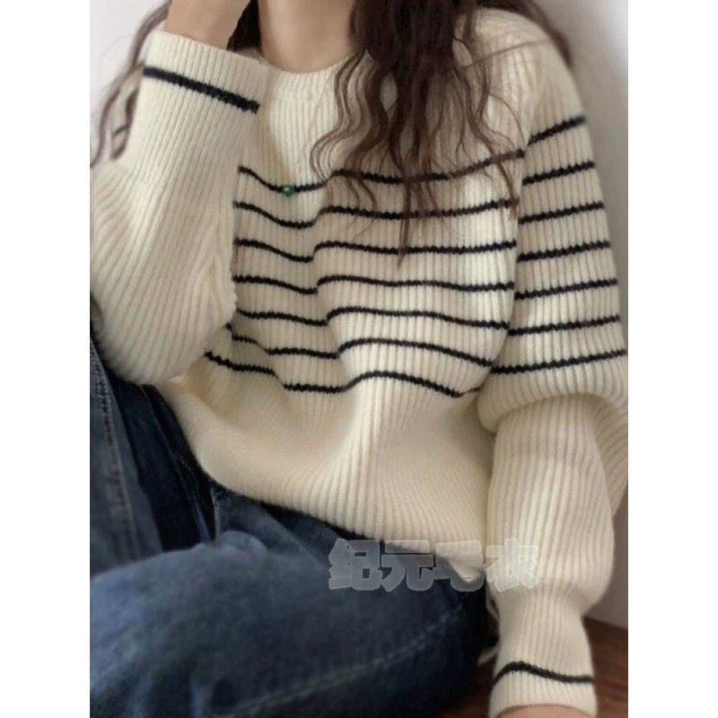 Пуловер в полоску в стиле ретро, свободный внутренний свитер в ленивом стиле, нежный топ с длинными рукавами