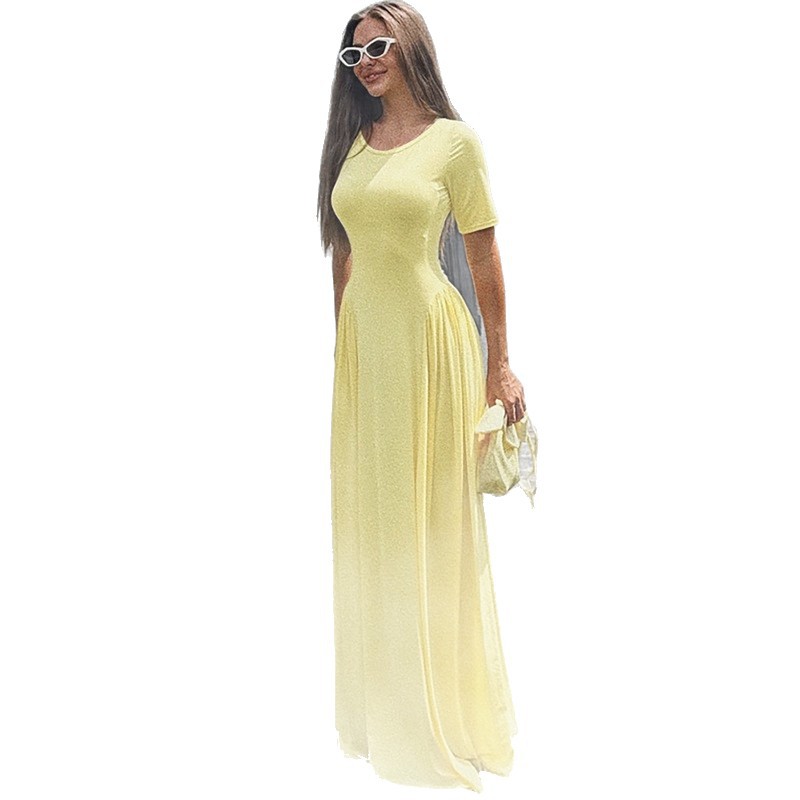 Europa y los Estados Unidos de la ropa de mujer de verano 2025 nuevo color sólido temperamento de moda cuello redondo delgado mangas cortas vestido grande vestido vestido largo image 6