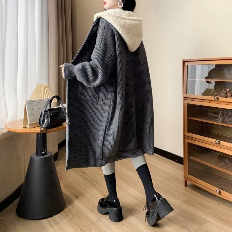 Ретро вязаный демисезонный кардиган, длинный худи, свитер, куртка, oversize, средняя длина