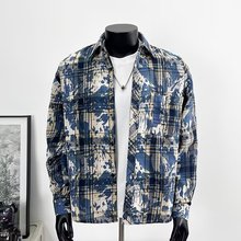 扎染格子长袖衬衫男秋季新款美式潮牌宽松大码青少年休闲衬衣外套