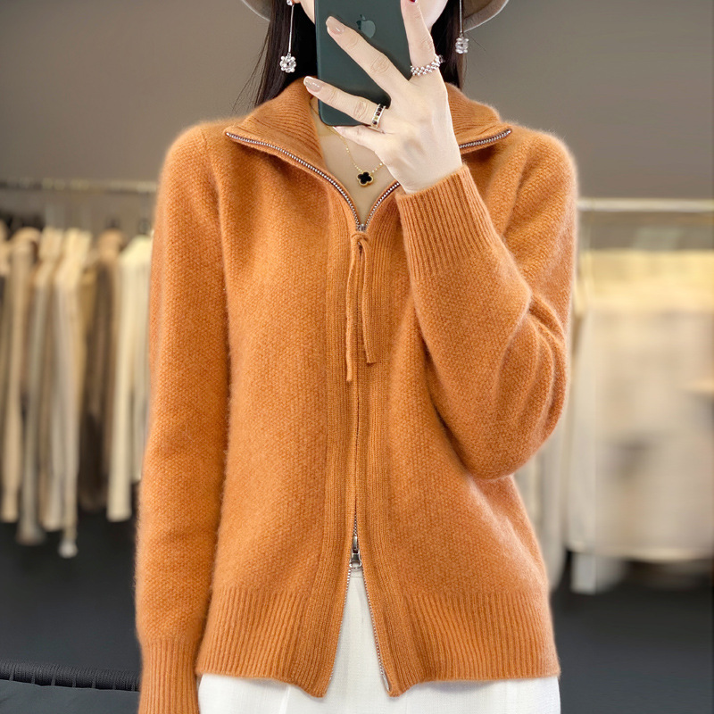Cross-Border Women's Autumn and Winter New Wool Knit Cardigan Jacket, Loose Double-Zip Sweater, Slimming Top, Base Layer Shirt