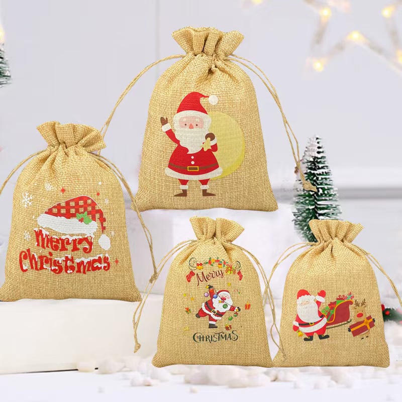 Nuevos regalos de Navidad transfronterizos de lino belos paquetes de bolsas dulces de Nochebuena regalos de lino bolsas de color primario