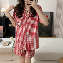 红色KT猫云朵棉色织格双短女睡衣