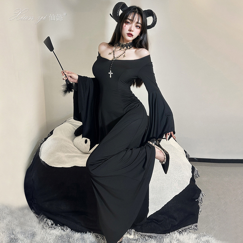 Xian Yi Pure Wants Dark Department High Sense Halloween Spice Girls Dress Gothic Black Long Sleeve dress Women's Dress 671