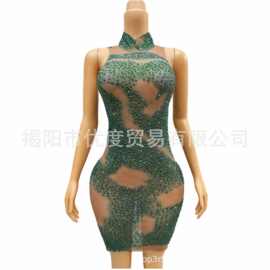 闪亮清新绿无袖水钻网纱礼服欧美跨境酒会派对夜场演出服短裙青苔
